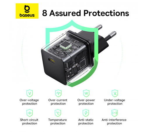 Мережевий зарядний пристрій з кабелем Baseus Palm Fast Charger 1C 20W EU Cosmic Black  set USB-C to iP 20W 1m (E0116401)