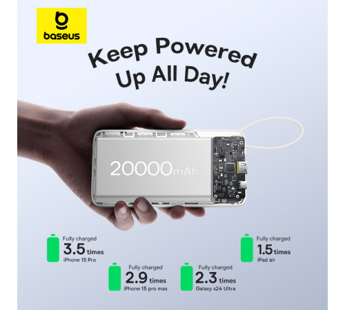 Зовнішній акумулятор Baseus Bipow 2 Digital Display Power Bank With Built-in USB-C Cable 20000mah 20W Moon White (P10077101213-01)