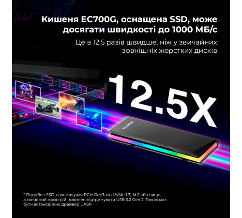 Зовнішня кишеня для накопичувача A-DATA EC700G для SSD M.2 PCIe/SATA USB3.2 Gen2 Type-C Black (AEC700GU32G2-CGY)