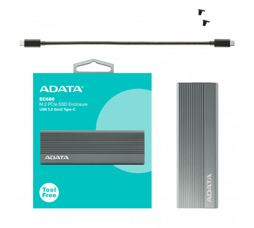 Зовнішня кишеня для накопичувача A-DATA EC680 для SSD M.2 PCIe USB3.2 Gen2 Type-C Gray (EC680-CCGY)