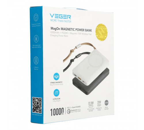 Зовнішній акумулятор VEGER MagOn Wireless Power Bank 10000mAh White (VG-VP1151/W1151)