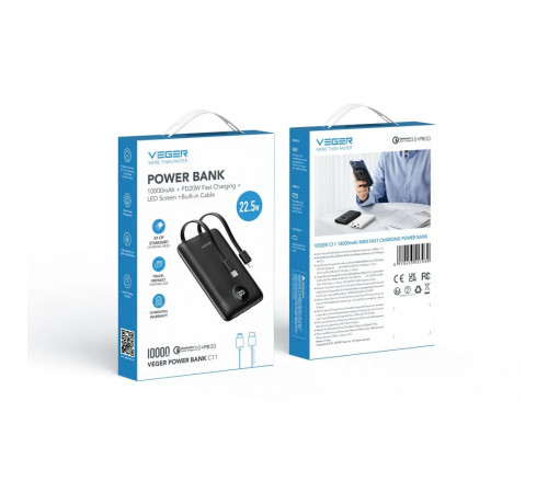 Зовнішній акумулятор VEGER 10000 mAh with built-in cables Type C / Lightning PD QC3.0 2A 22,5W C11 (W1170) black (VG-W1170)