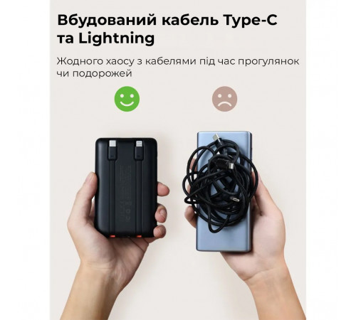 Зовнішній акумулятор VEGER 10000 mAh with built-in cables Type C / Lightning PD QC3.0 2A 22,5W C11 (W1170) black (VG-W1170)