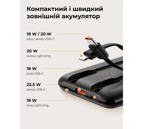 Зовнішній акумулятор VEGER 10000 mAh with built-in cables Type C / Lightning PD QC3.0 2A 22,5W C11 (W1170) black (VG-W1170)