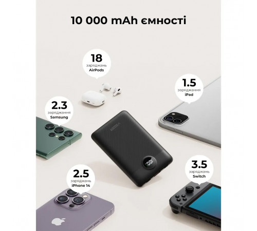 Зовнішній акумулятор VEGER 10000 mAh with built-in cables Type C / Lightning PD QC3.0 2A 22,5W C11 (W1170) black (VG-W1170)