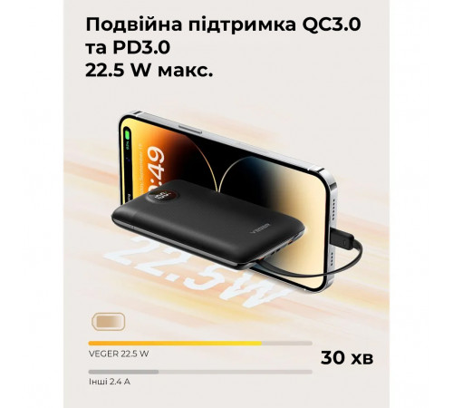 Зовнішній акумулятор VEGER 10000 mAh with built-in cables Type C / Lightning PD QC3.0 2A 22,5W C11 (W1170) black (VG-W1170)