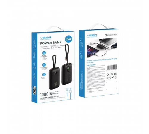 Зовнішній акумулятор VEGER 10000 mAh with built-in cables Type C / Lightning PD QC3.0 35W K1 (W1188) black (VG-W1188)
