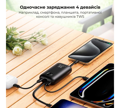 Зовнішній акумулятор VEGER 10000 mAh with built-in cables Type C / Lightning PD QC3.0 35W K1 (W1188) black (VG-W1188)