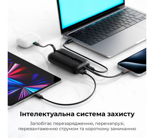 Зовнішній акумулятор VEGER 10000 mAh with built-in cables Type C / Lightning PD QC3.0 35W K1 (W1188) black (VG-W1188)