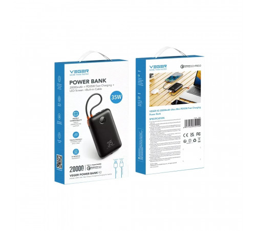 Зовнішній акумулятор VEGER 20000 mAh with built-in cables Type C / Lightning PD QC3.0 35W K2 (W2068) black (VG-W2068)