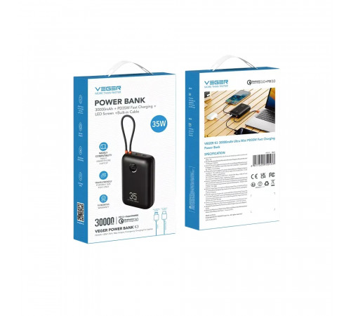 Зовнішній акумулятор VEGER Built-In 2 cables Ultra Mini 30000mAh (VG-W3018)