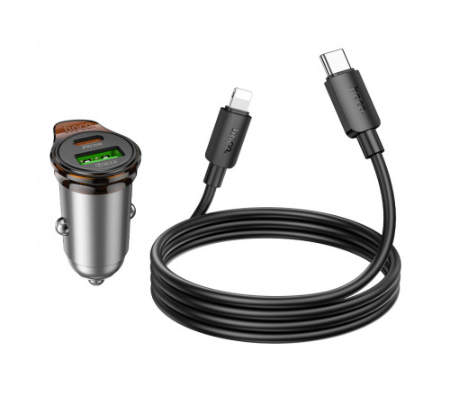 Автомобільний зарядний пристрій HOCO NZ16A Rigorous 43W dual port PD25W+QC3.0 car charger set(C to iP) Metal Grey (6942007644754)