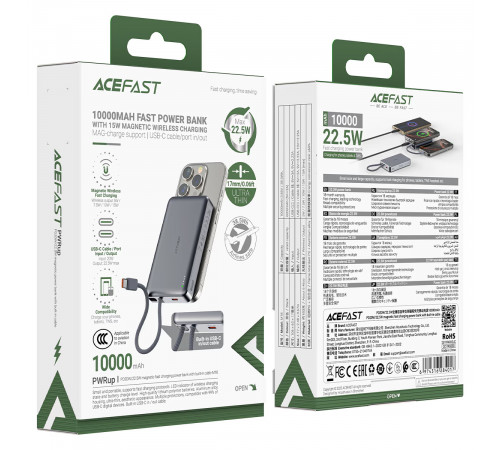 Зовнішній акумулятор ACEFAST M18-10000 PD20W/22.5W magnetic fast charging power bank with built-in cable Black (6974316284017)