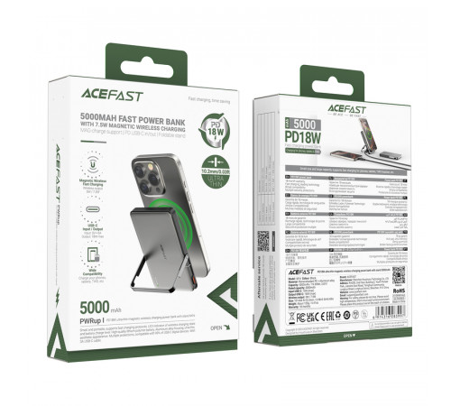 Зовнішній акумулятор ACEFAST M16-5000 PD18W ultra-thin magnetic wireless charging power bank with stand Black (6974316283997)