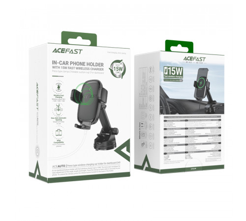 Автотримач для телефона з БЗП ACEFAST D49 press type wireless charging car holder for dashboard Black (6974316284130)