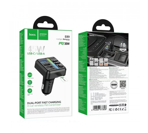 АЗП з FM-модулятором HOCO E89 Libre 45W(1A1C) car BT FM transmitter Black (6942007673808)