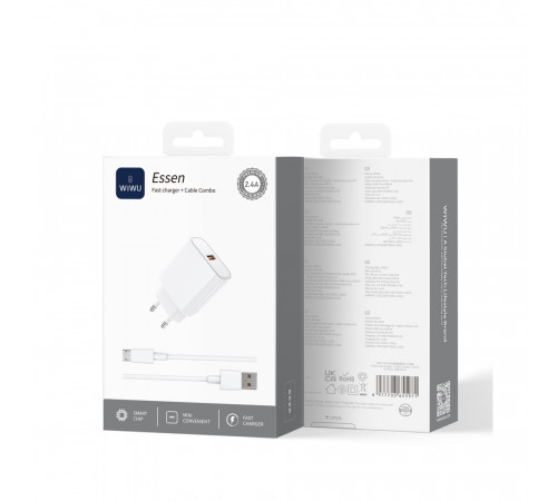 Мережевий зарядний пристрій з кабелем WIWU 2.4A Essen GaN Fast Charger Combo with A-M cable Wi-G023 A-M EU White (6977703655964)
