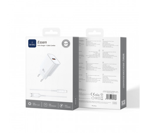 Мережевий зарядний пристрій з кабелем WIWU 18W Essen GaN Fast Charger + Cable Combo Wi-G006 A-L EU White (6977703654769)