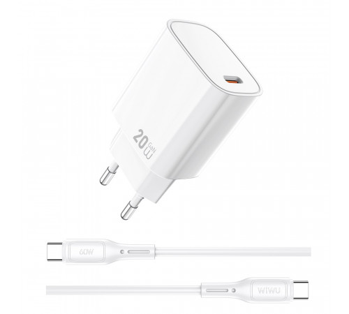 Мережевий зарядний пристрій з кабелем WIWU 20W Essen GaN Fast Charger+ Cable Combo Wi-G007 C-C EU White (6977703653878)