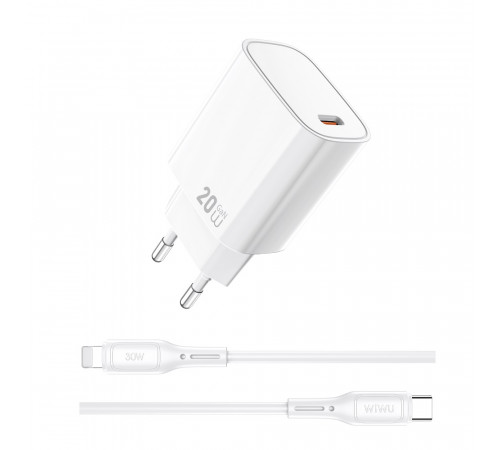 Мережевий зарядний пристрій з кабелем WIWU 20W Essen GaN Fast Charger+ Cable Combo Wi-G007 C-L EU White (6977703653908)