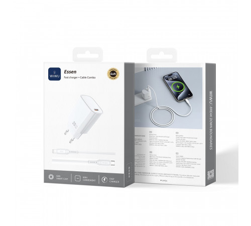 Мережевий зарядний пристрій з кабелем WIWU 20W Essen GaN Fast Charger+ Cable Combo Wi-G007 C-L EU White (6977703653908)