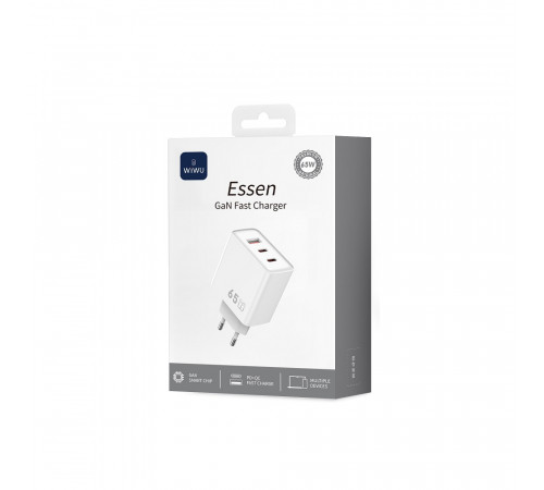 Мережевий зарядний пристрій WIWU 65W Essen GaN Fast Charger 1A+2C Wi-G005 EU White (6977703653755)