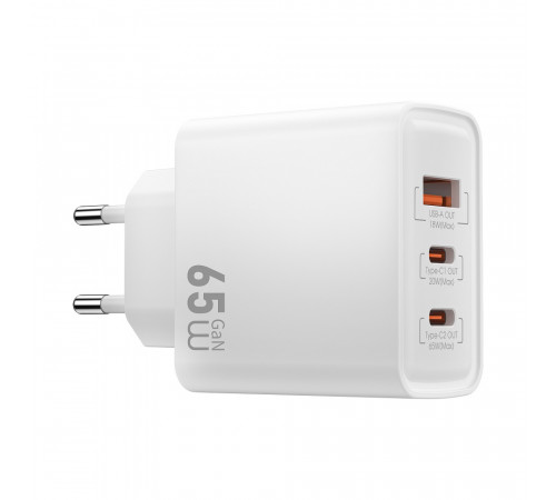 Мережевий зарядний пристрій WIWU 65W Essen GaN Fast Charger 1A+2C Wi-G005 EU White (6977703653755)
