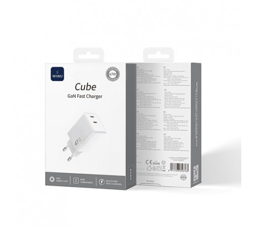 Мережевий зарядний пристрій WIWU Cube 67W 2C+A GaN Fast Charger Wi-G026 EU White (6977703656800)