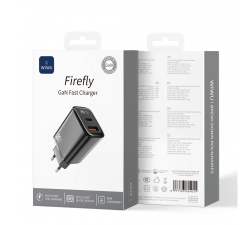 Мережевий зарядний пристрій WIWU 20W Firefly GaN Fast Charger 1A+1C with digital display Wi-G009 EU Black (6977703654035)