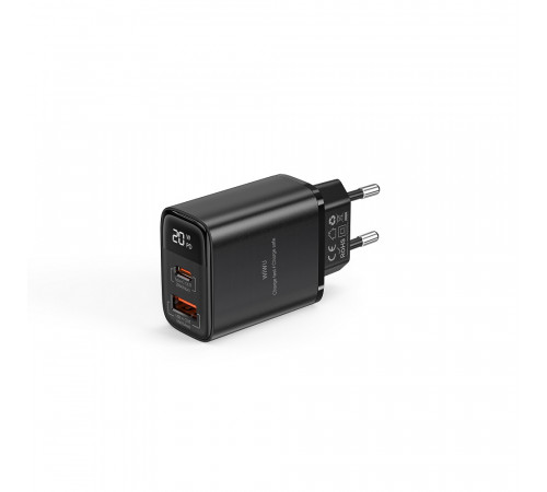 Мережевий зарядний пристрій WIWU 20W Firefly GaN Fast Charger 1A+1C with digital display Wi-G009 EU Black (6977703654035)