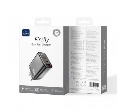 Мережевий зарядний пристрій WIWU 65W Firefly GaN Fast Charger 2C+1A Wi-G012 EU Grey (6977703654134)