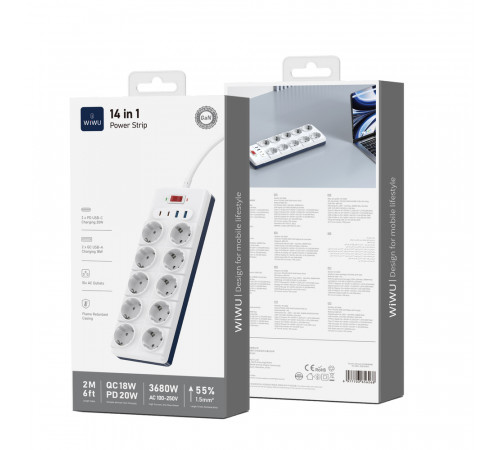 Мережевий подовжувач WIWU 14 in 1 20W GaN Power Strip 2C+2A+10AC Wi-S008 EU (2 m) White (6977703656268)