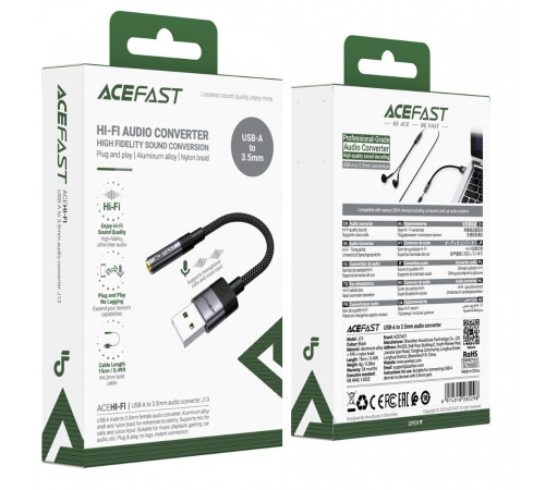 Аудіокабель ACEFAST J13 USB-A to 3.5mm female, nylon braid, 0.15m, Black (6974316285298)