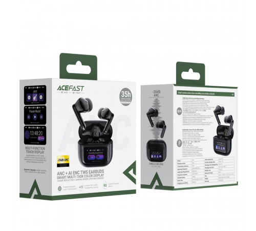 Бездротові навушники TWS ACEFAST W6 smart screen,ENC, IPX4, Black (6974316285687)