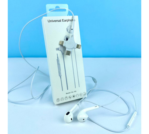 Навушники GL-183 Universal earphone 3in1 Lightning+Type-C (Bluetooth підключення)