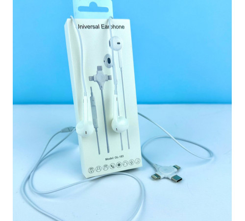 Навушники GL-183 Universal earphone 3in1 Lightning+Type-C (Bluetooth підключення)