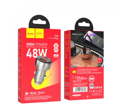 Автомобільний зарядний пристрій HOCO Z50 Leader 48W dual-port PD30W+QC3.0 car charger with digital display Metal Grey (6931474798756)