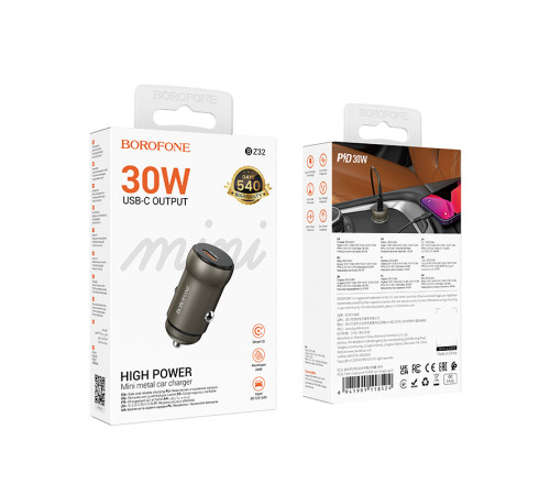 Автомобільний зарядний пристрій BOROFONE BZ32 Fresh single port PD30W car charger Black (6941991118517)