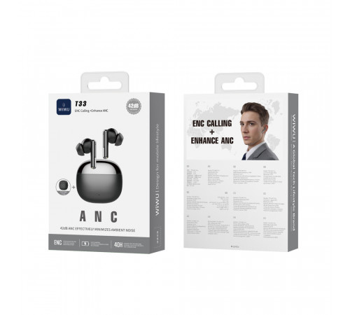 Бездротові навушники TWS WIWU T33 PRO, ENC+ANC, IPX4, Black (6977703654370)