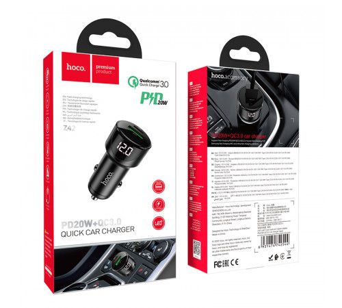 Автомобільний зарядний пристрій HOCO Z42 Light road dual port digital display PD20W+QC3.0 car charger Black (6931474742544)