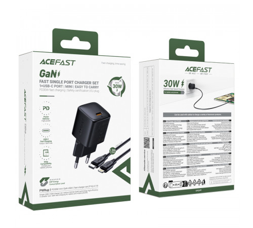 Мережевий зарядний пристрій з кабелем ACEFAST A118 PD30W mini GaN USB-C fast charger set (P16) Black (6974316285182)