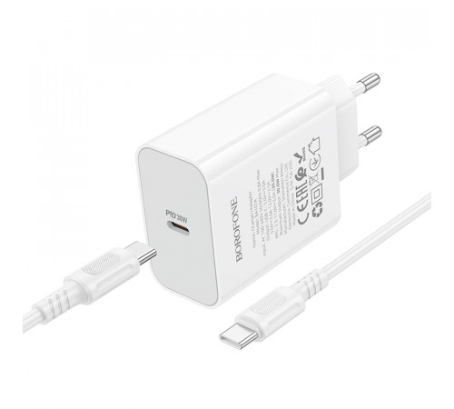 Мережевий зарядний пристрій з кабелем BOROFONE BA107A Stellar single port PD30W charger set (C to C) (EU) White (6941991125362)