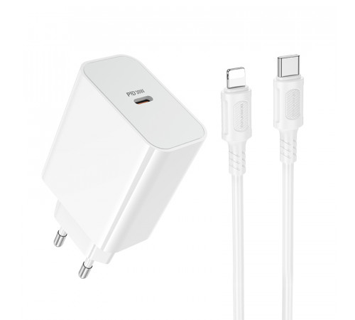 Мережевий зарядний пристрій з кабелем BOROFONE BA107A Stellar single port PD30W charger set (C to iP) (EU) White (6941991125355)