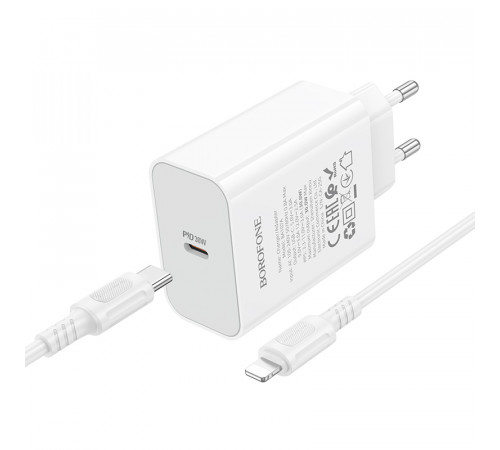 Мережевий зарядний пристрій з кабелем BOROFONE BA107A Stellar single port PD30W charger set (C to iP) (EU) White (6941991125355)