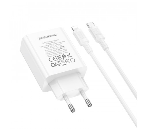 Мережевий зарядний пристрій з кабелем BOROFONE BA107A Stellar single port PD30W charger set (C to iP) (EU) White (6941991125355)
