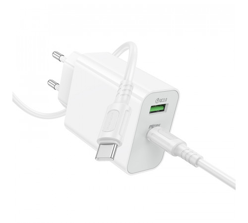 Мережевий зарядний пристрій з кабелем BOROFONE BA108A Stellar PD30W+QC3.0 charger set (C to C) (EU) White (6941991125393)