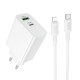 Мережевий зарядний пристрій з кабелем BOROFONE BA108A Stellar PD30W+QC3.0 charger set (C to iP) (EU) White (6941991125386)