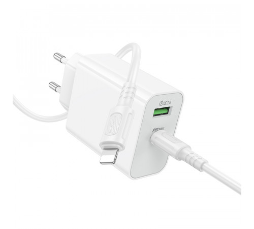 Мережевий зарядний пристрій з кабелем BOROFONE BA108A Stellar PD30W+QC3.0 charger set (C to iP) (EU) White (6941991125386)