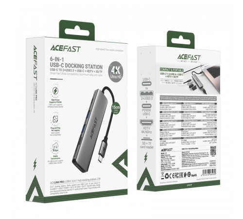 USB-хаб ACEFAST J18 USB-C 6-in-1 HUB docking station Metal Gray (6974316285939)