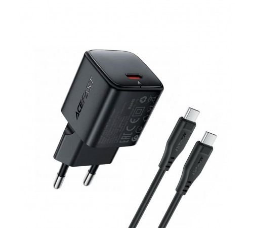 Мережевий зарядний пристрій з кабелем ACEFAST A117 PD20W mini GaN fast charger set(P16),black  Black (6974316286509)